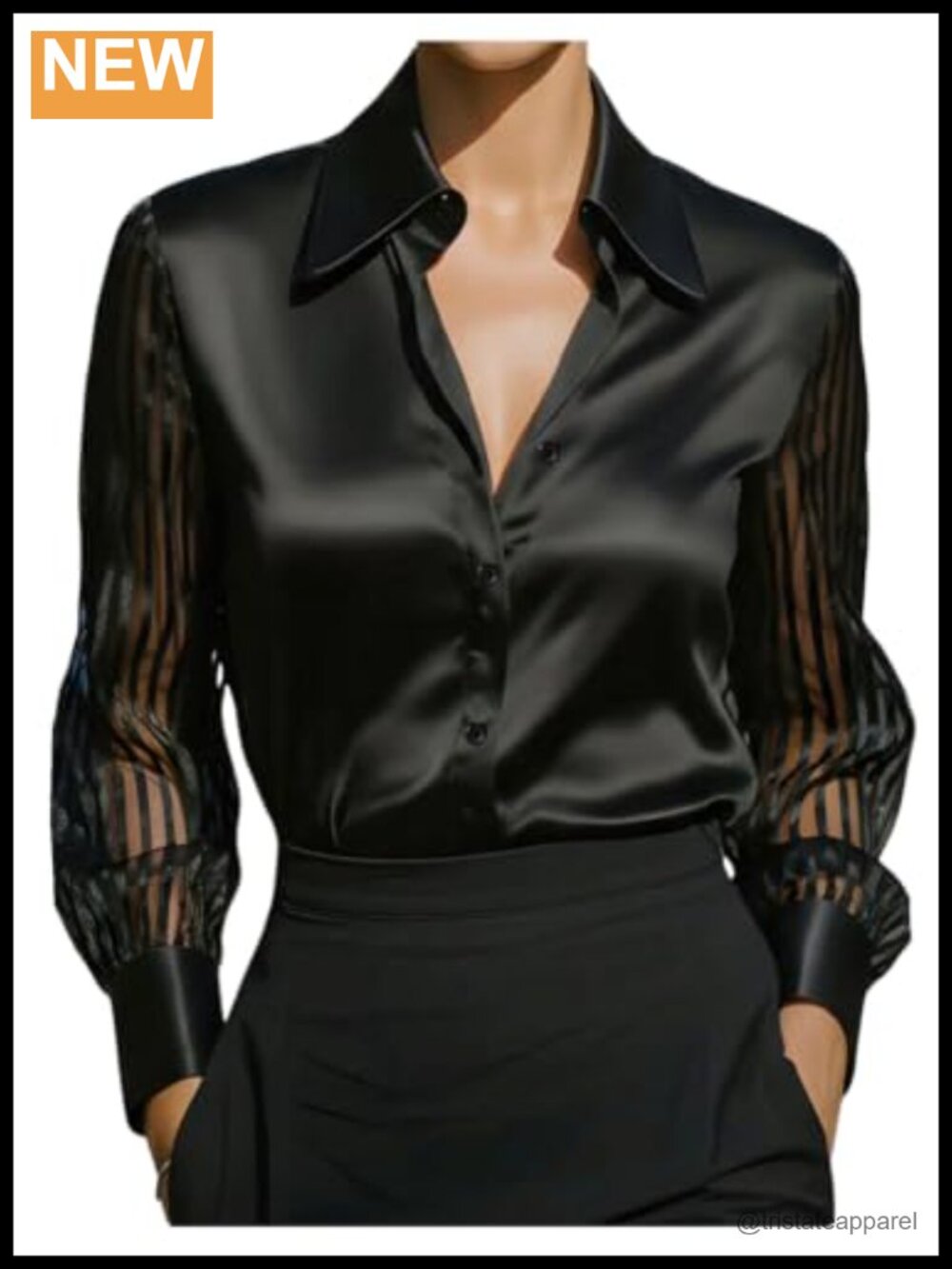Women's Satin Blouse Button Down Shirt Long Sleeve Mesh Sheer Bubble Sleeves